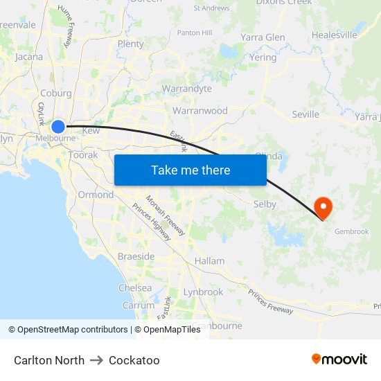 Carlton North to Cockatoo map