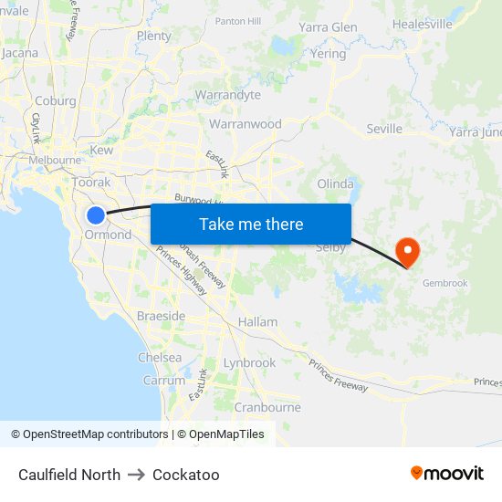 Caulfield North to Cockatoo map