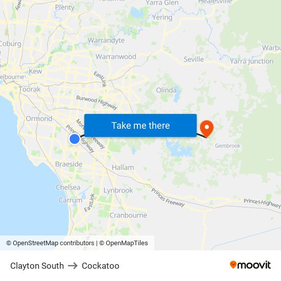 Clayton South to Cockatoo map