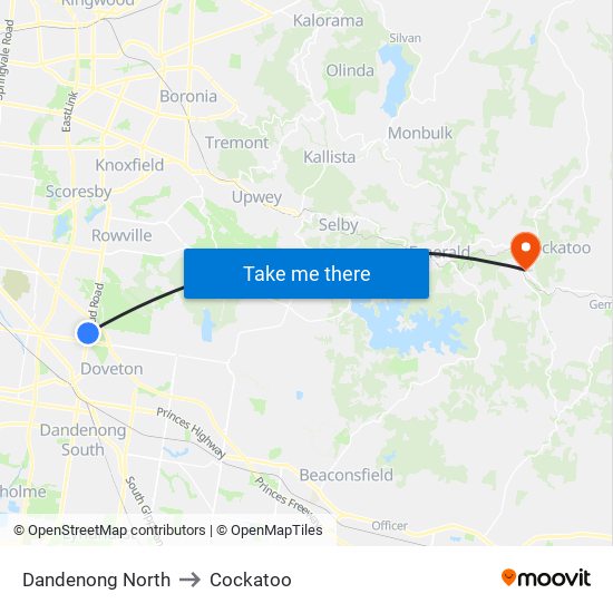 Dandenong North to Cockatoo map