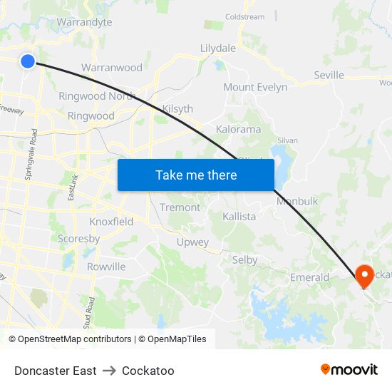 Doncaster East to Cockatoo map