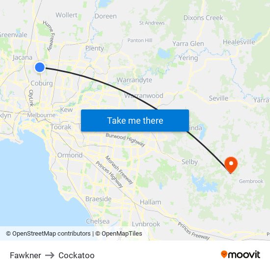 Fawkner to Cockatoo map