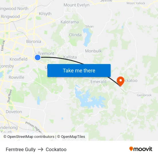 Ferntree Gully to Cockatoo map