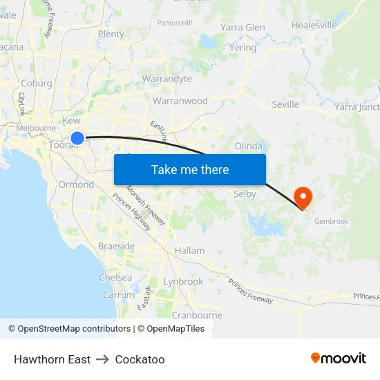 Hawthorn East to Cockatoo map