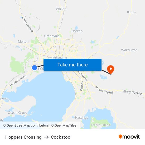 Hoppers Crossing to Cockatoo map