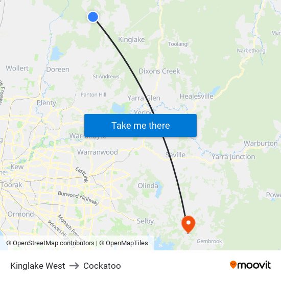 Kinglake West to Cockatoo map