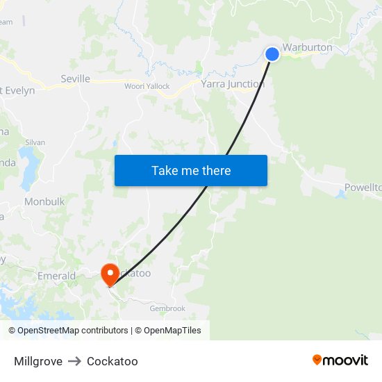 Millgrove to Cockatoo map