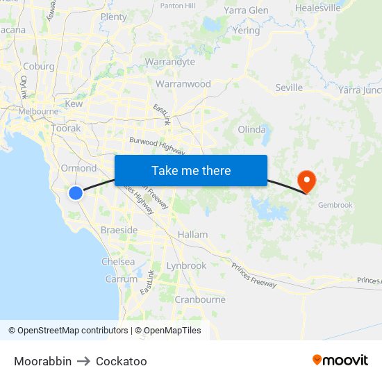 Moorabbin to Cockatoo map