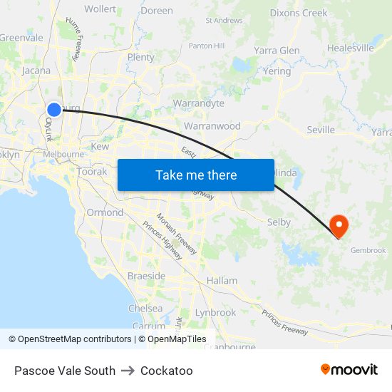 Pascoe Vale South to Cockatoo map