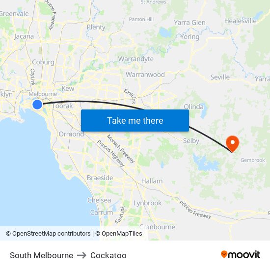 South Melbourne to Cockatoo map