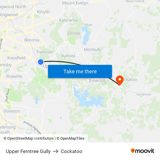 Upper Ferntree Gully to Cockatoo map