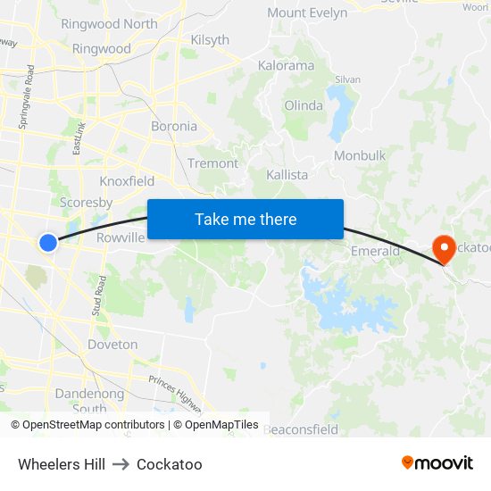 Wheelers Hill to Cockatoo map