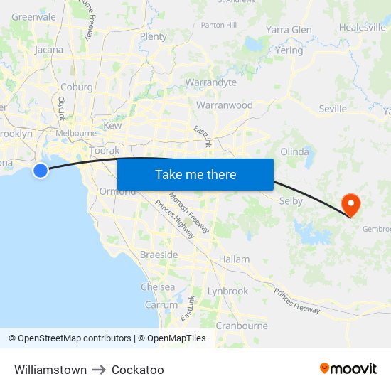 Williamstown to Cockatoo map