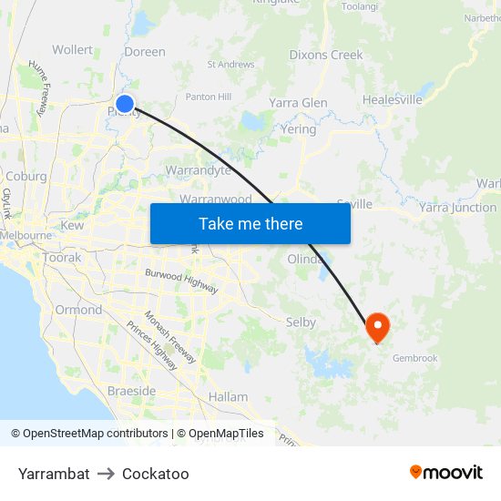 Yarrambat to Cockatoo map