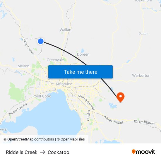 Riddells Creek to Cockatoo map