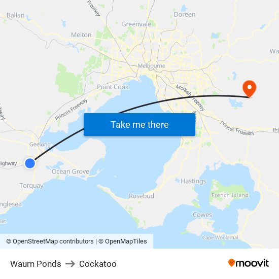 Waurn Ponds to Cockatoo map