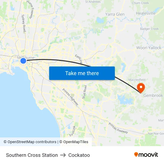 Southern Cross Station to Cockatoo map