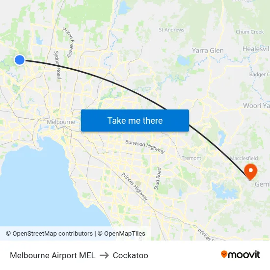 Melbourne Airport MEL to Cockatoo map