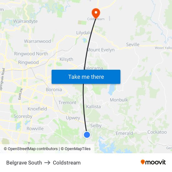 Belgrave South to Coldstream map