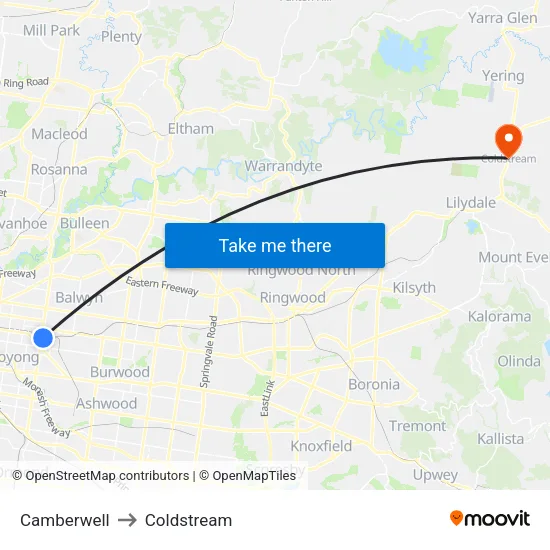 Camberwell to Coldstream map