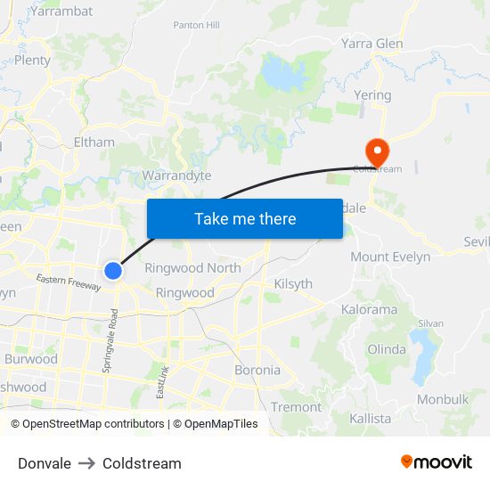 Donvale to Coldstream map