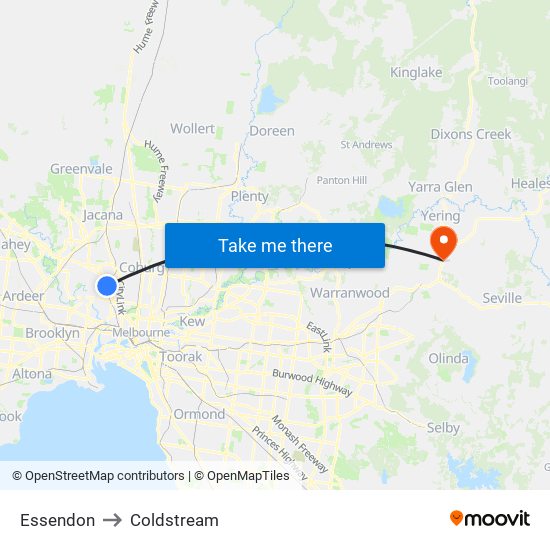 Essendon to Coldstream map