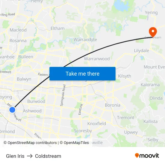 Glen Iris to Coldstream map