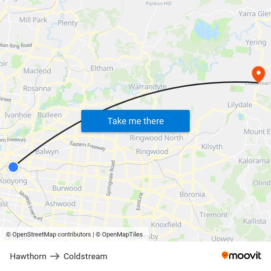 Hawthorn to Coldstream map