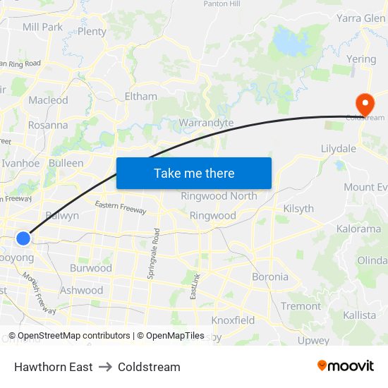 Hawthorn East to Coldstream map