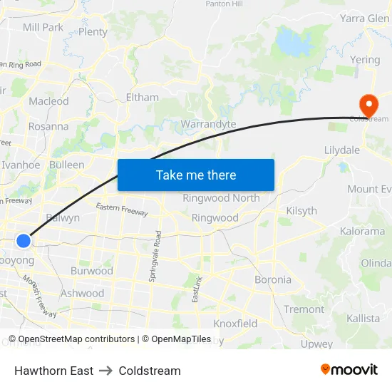 Hawthorn East to Coldstream map