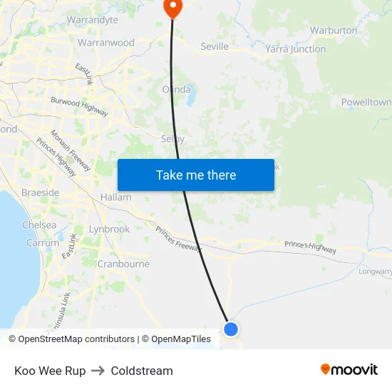 Koo Wee Rup to Coldstream map