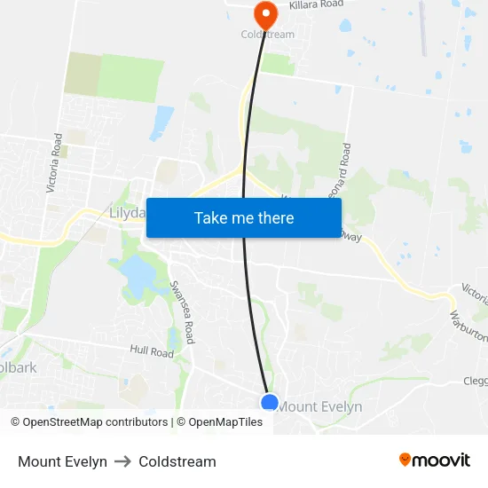 Mount Evelyn to Coldstream map
