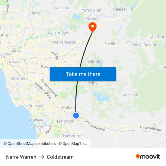 Narre Warren to Coldstream map