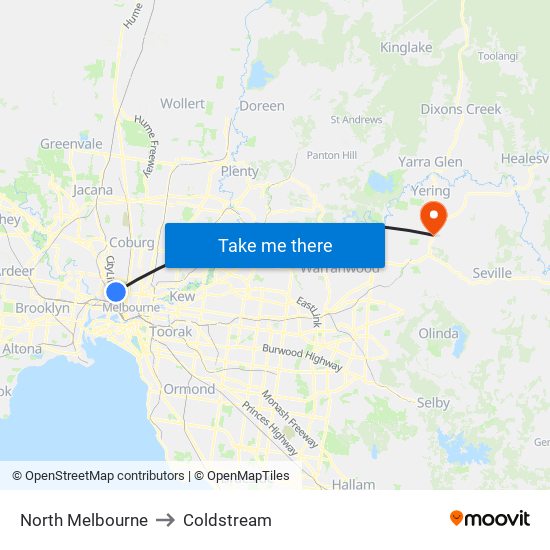 North Melbourne to Coldstream map