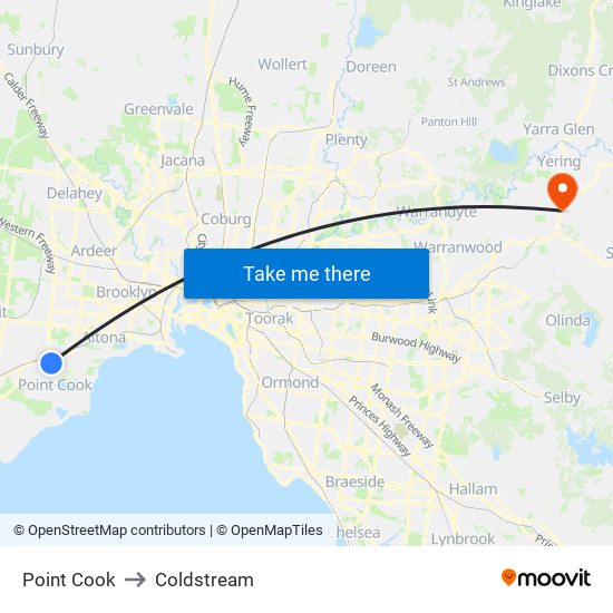 Point Cook to Coldstream map