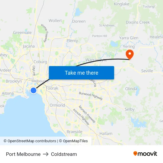 Port Melbourne to Coldstream map