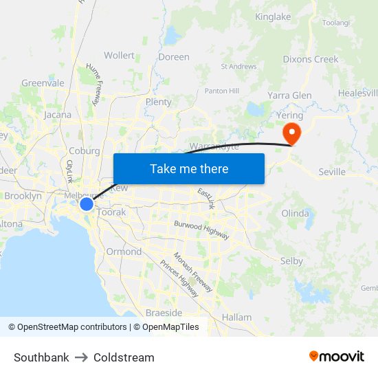 Southbank to Coldstream map