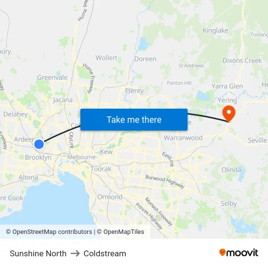 Sunshine North to Coldstream map