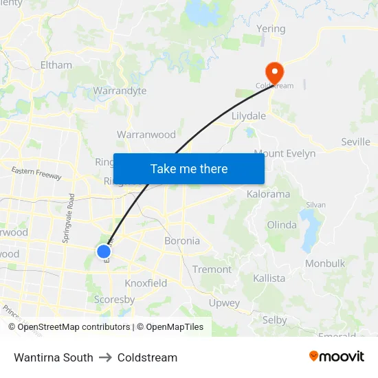 Wantirna South to Coldstream map