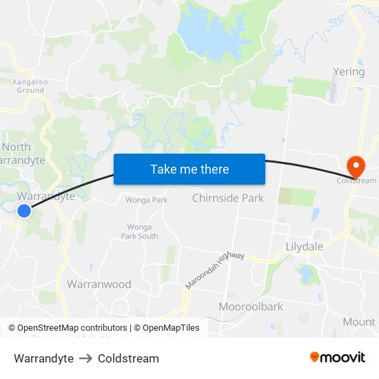 Warrandyte to Coldstream map