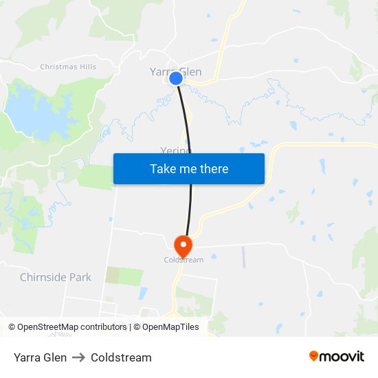 Yarra Glen to Coldstream map