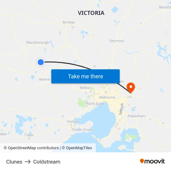 Clunes to Coldstream map