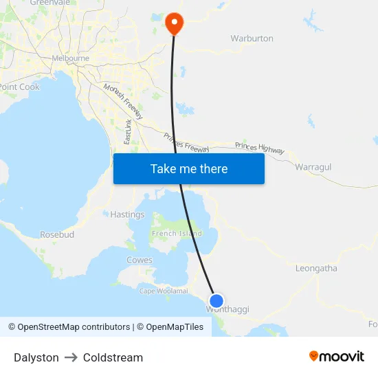 Dalyston to Coldstream map