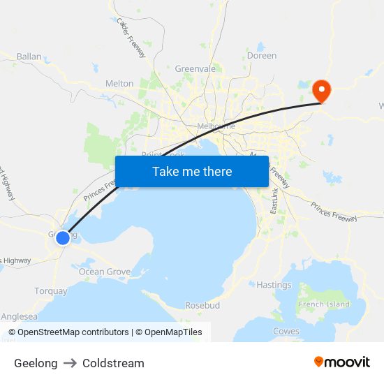 Geelong to Coldstream map