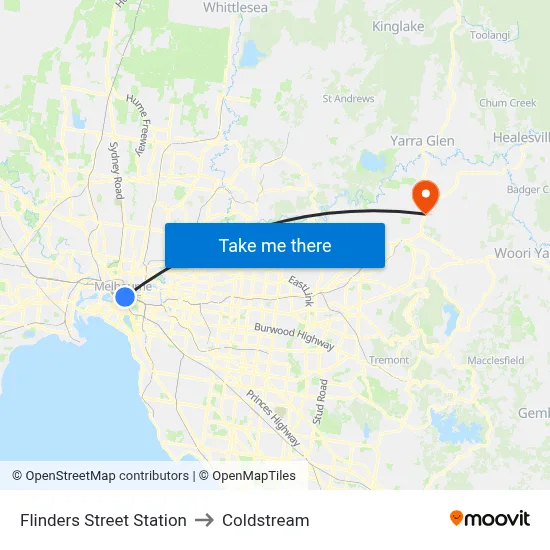 Flinders Street Station to Coldstream map
