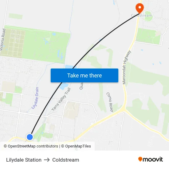 Lilydale Station to Coldstream map