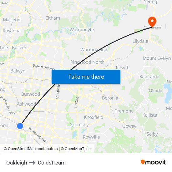 Oakleigh to Coldstream map