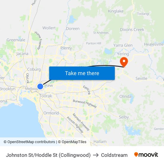 Johnston St/Hoddle St (Collingwood) to Coldstream map