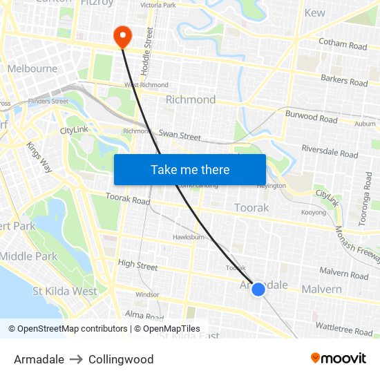 Armadale to Collingwood map