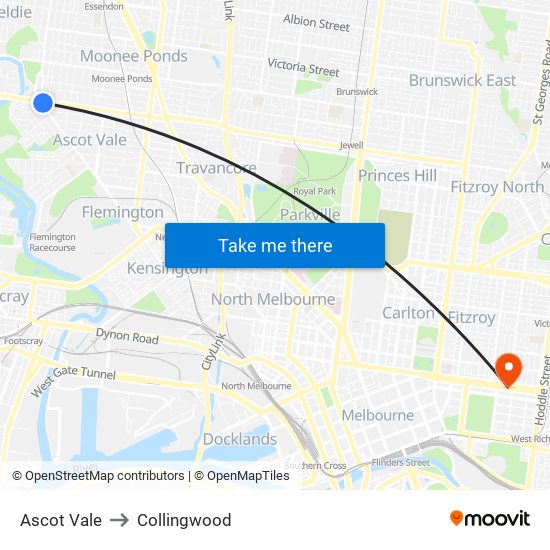 Ascot Vale to Collingwood map